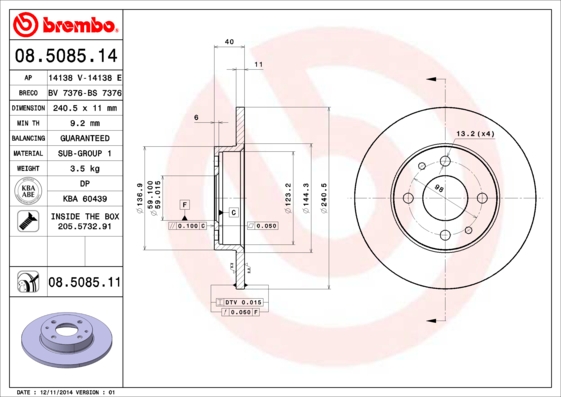 BREMBO - 08.5085.11 - Kočioni disk (Kočioni uređaj)