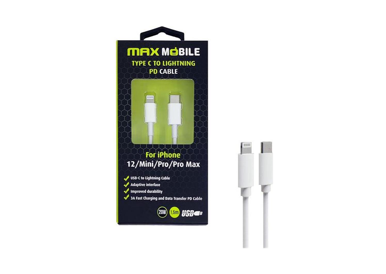 MAXMOBILE kabel I-PHONE LIGHTNING-TYPE C PD 3A,20W 1.5m bijeli