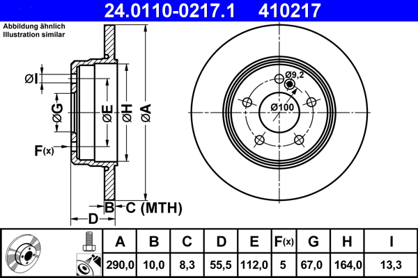 ATE disk ploča MERCEDES BENZ 24.0110-0217.1 zadnja, mb e270cdi w210 99-02 d290/10