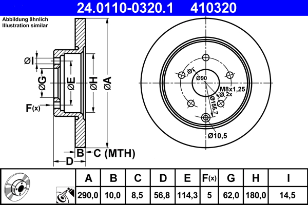 ATE disk ploča TOYOTA 24.0110-0320.1 zadnja, corolla verso 2.0d-4d 04 ->, d290/10