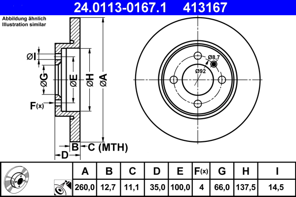 ATE - 24.0113-0167.1 - Kočioni disk (Kočioni uređaj)