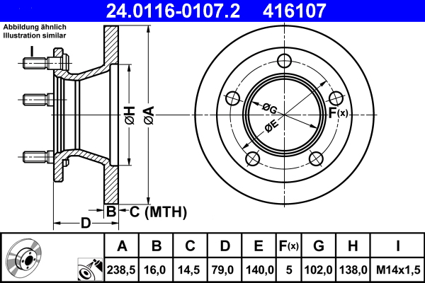 ATE disk ploča MERCEDES BENZ 24.0116-0107.2 prednja, mb100d ->96 d238/16