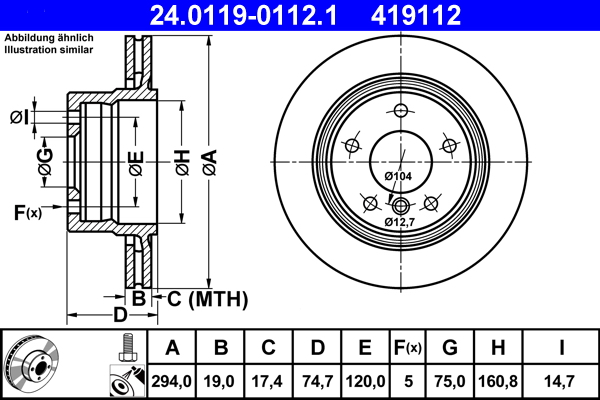 ATE disk ploča BMW 24.0119-0112.1 zadnja, z-4 3.0i e85 03 ->, d294/19
