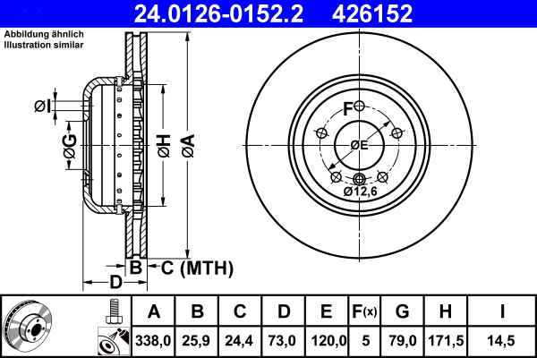 ATE disk ploča BMW 24.0126-0152.2 prednja, 1 coupe (e82) 135 i 07->, d338/26