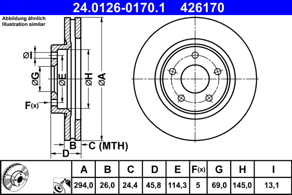 ATE disk ploča CITROEN 24.0126-0170.1 prednja, c4 aircross,p-4008 12->, d294/26