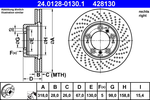 ATE disk ploča PORSCHE 24.0128-0130.1 prednja desna, 911,boxter,cayman 97 ->, d318/28