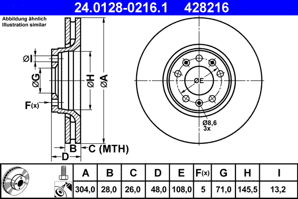 ATE disk ploča CITROEN 24.0128-0216.1 prednja, c-5 2.0hdi 08 ->, d304/28