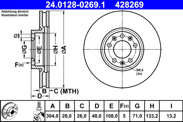 ATE disk ploča CITROEN 24.0128-0269.1 prednja, c-4 picasso ii 13->, d304/28