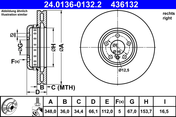 ATE disk ploča BMW 24.0136-0132.2 prednja desna, bmw 3 g20,5 g30 520d 18->, d348/36