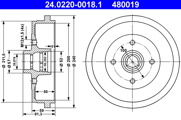 Picture of Brake Drum - ATE - 24.0220-0018.1