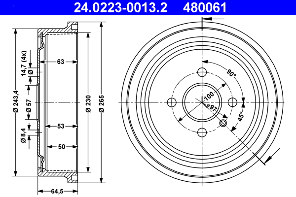 ATE doboš OPEL 24.0223-0013.2 vectra b,astra 1.4 98 ->, d230/50