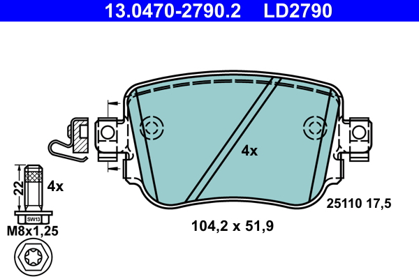 ATE disk pločice ŠKODA 13.0470-2790.2 zadnje, octavia iii 1.6 tdi 12->ceramic