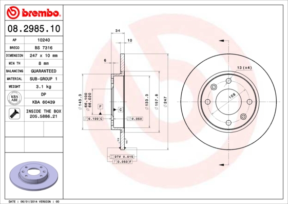 BREMBO - 08.2985.10 - Kočioni disk (Kočioni uređaj)