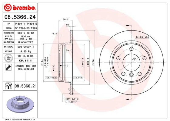 BREMBO - 08.5366.21 - Kočioni disk (Kočioni uređaj)