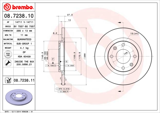 Slika BREMBO - 08.7238.10 - Kočioni disk (Kočioni uređaj)