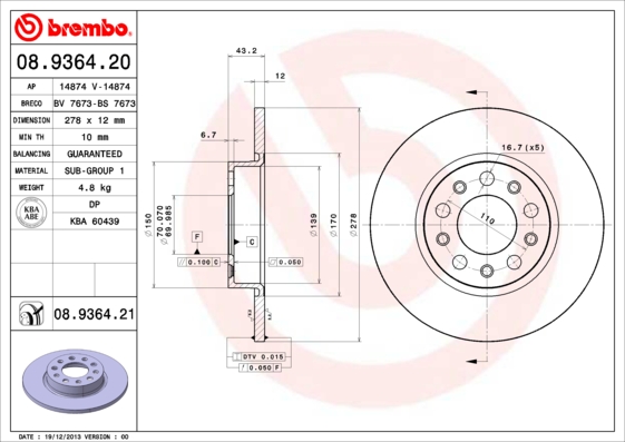 Slika BREMBO - 08.9364.20 - Kočioni disk (Kočioni uređaj)