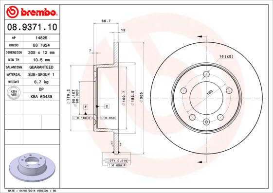 Slika BREMBO - 08.9371.10 - Kočioni disk (Kočioni uređaj)