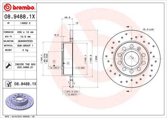 BREMBO - 08.9488.1X - Kočioni disk (Kočioni uređaj)