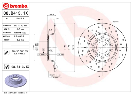 BREMBO - 08.B413.1X - Kočioni disk (Kočioni uređaj)