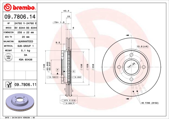 Slika BREMBO - 09.7806.14 - Kočioni disk (Kočioni uređaj)