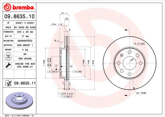 Slika BREMBO - 09.8635.10 - Kočioni disk (Kočioni uređaj)