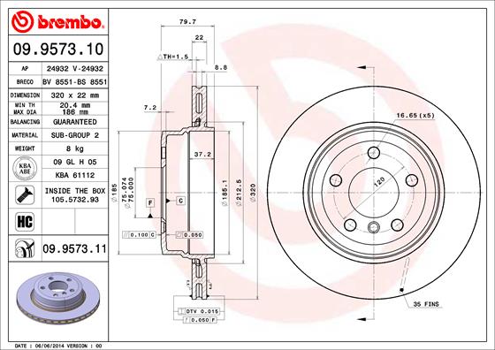 Slika BREMBO - 09.9573.11 - Kočioni disk (Kočioni uređaj)