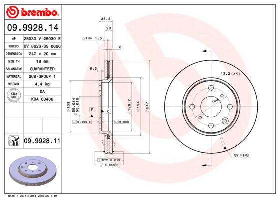 BREMBO - 09.9928.11 - Kočioni disk (Kočioni uređaj)