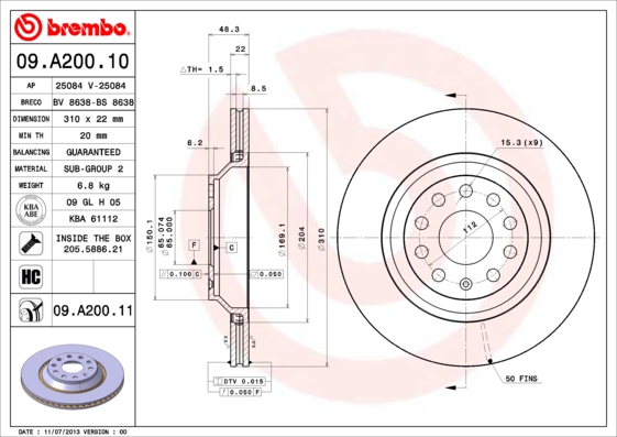 BREMBO - 09.A200.11 - Kočioni disk (Kočioni uređaj)