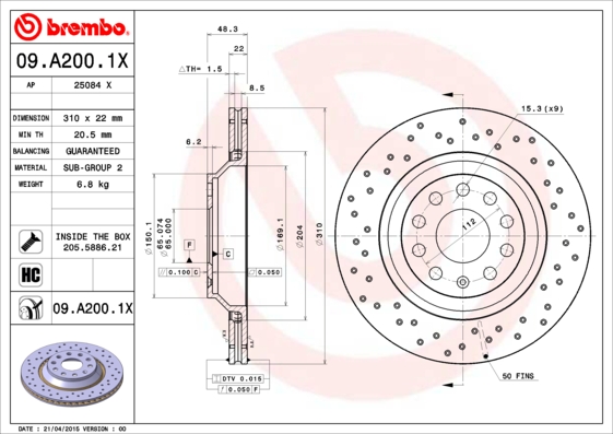 BREMBO - 09.A200.1X - Kočioni disk (Kočioni uređaj)