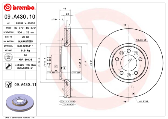 Slika BREMBO - 09.A430.11 - Kočioni disk (Kočioni uređaj)