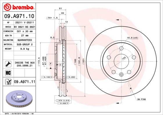 Slika BREMBO - 09.A971.11 - Kočioni disk (Kočioni uređaj)