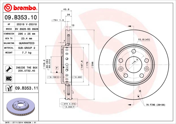 Slika BREMBO - 09.B353.10 - Kočioni disk (Kočioni uređaj)