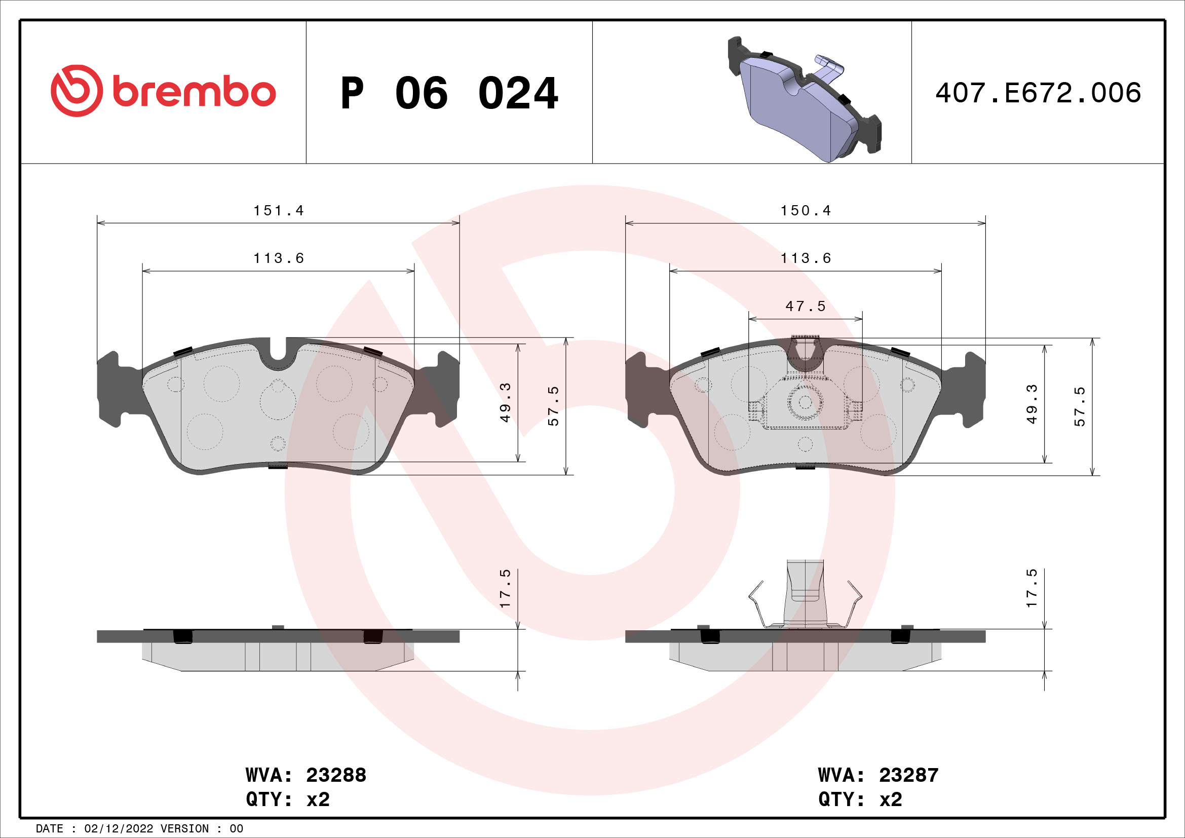 PREDNJE KOČIONE PLOČICE - BREMBO - P 06 024