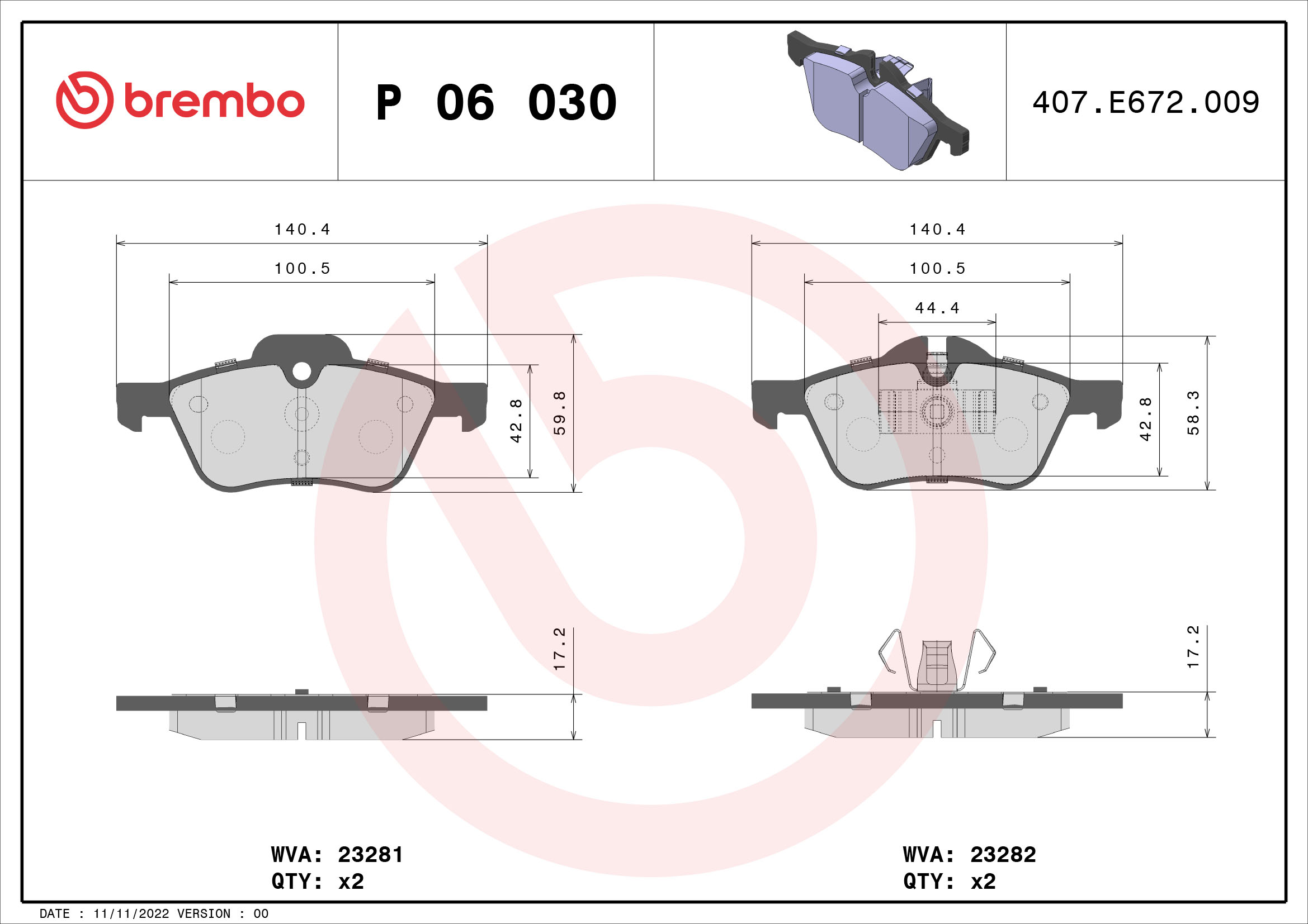 Slika BREMBO - P 06 030 - Komplet pločica, disk-kočnica (Kočioni uređaj)