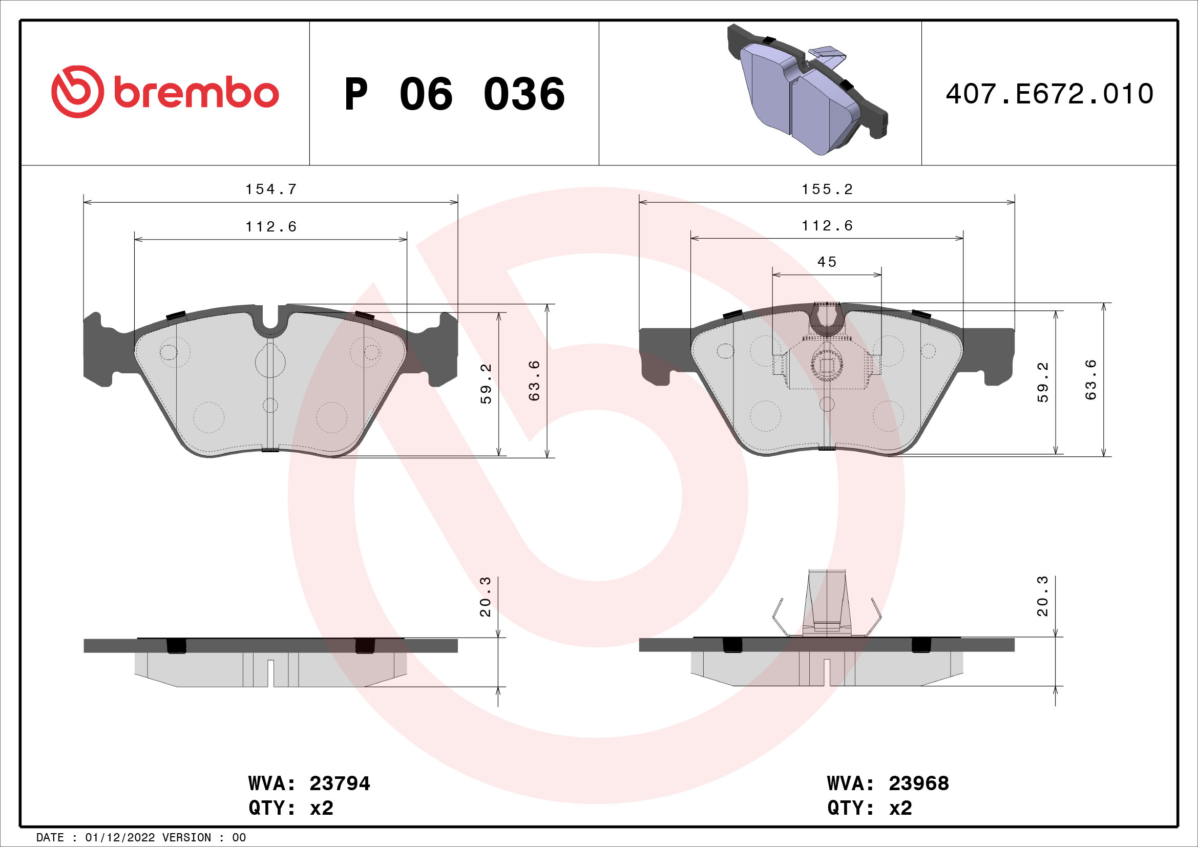 Slika BREMBO - P 06 036 - Komplet pločica, disk-kočnica (Kočioni uređaj)