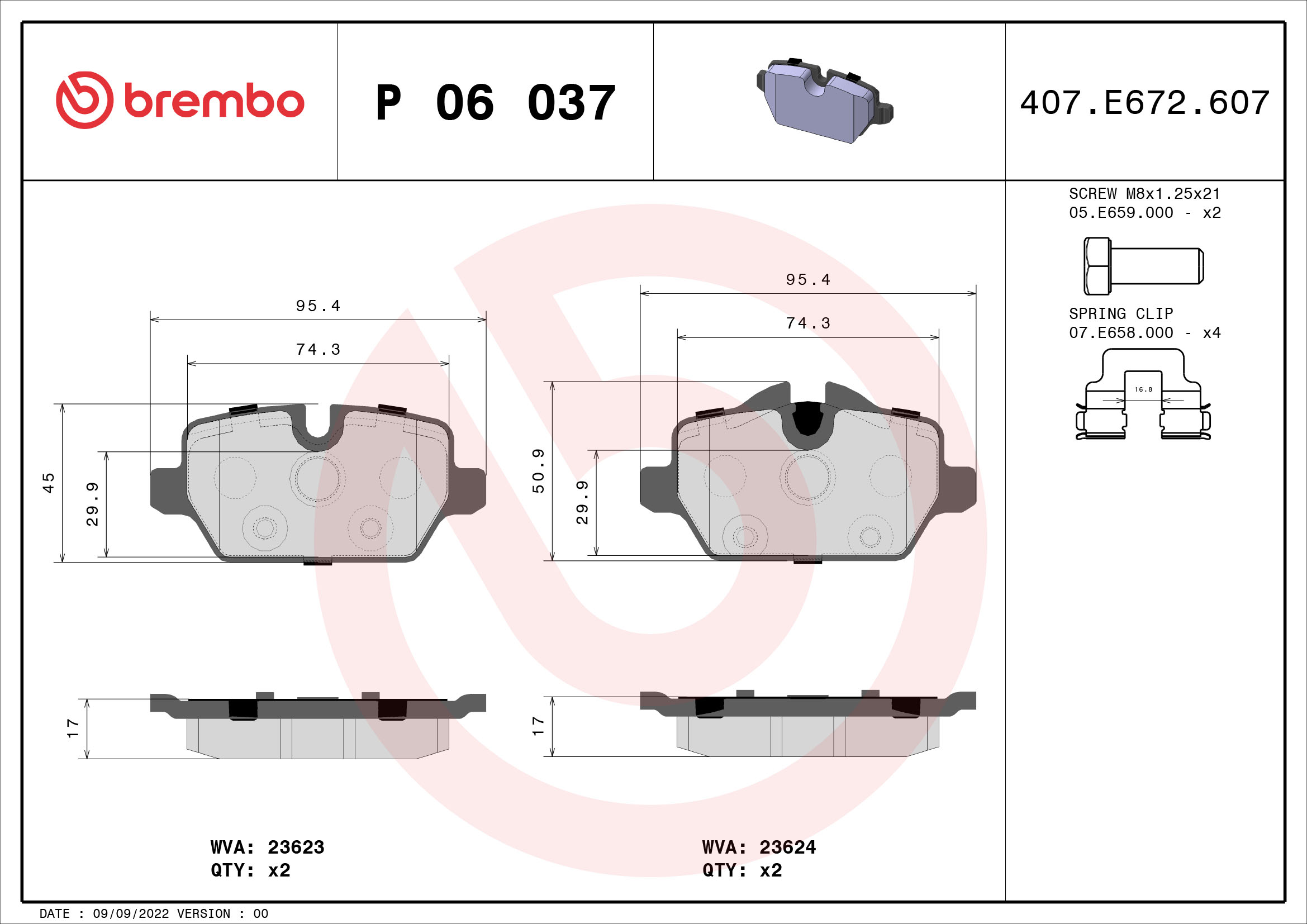 Slika BREMBO - P 06 037 - Komplet pločica, disk-kočnica (Kočioni uređaj)