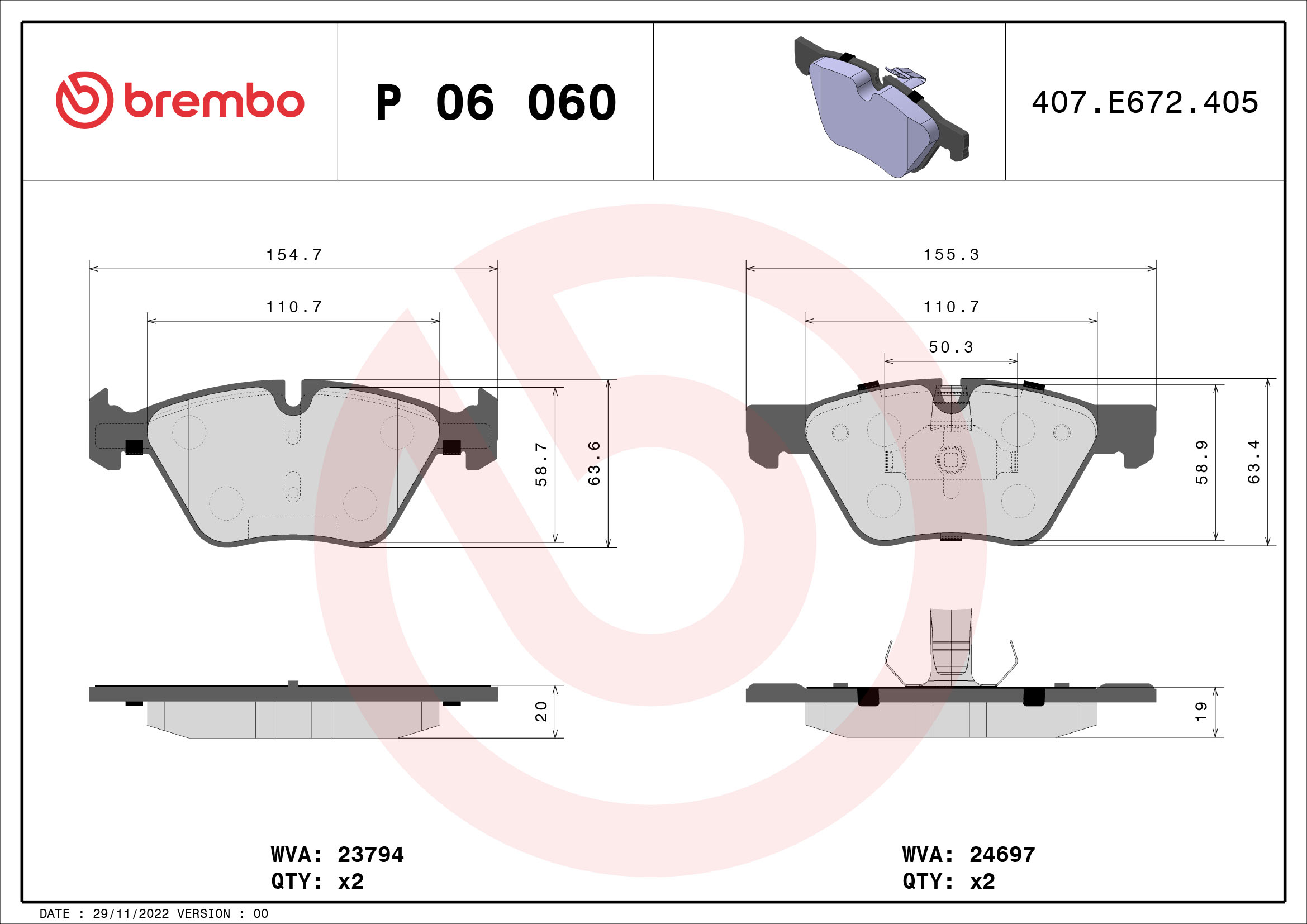 Slika BREMBO - P 06 060 - Komplet pločica, disk-kočnica (Kočioni uređaj)