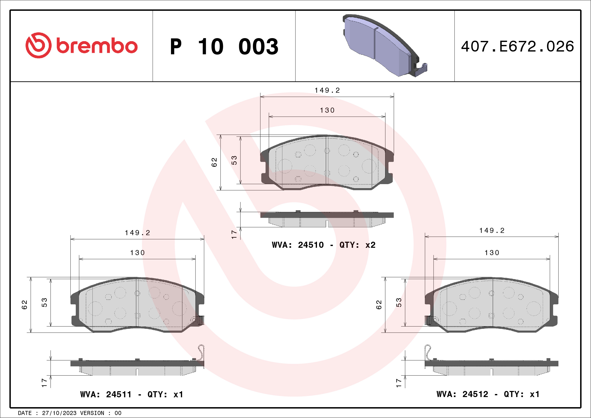 Slika BREMBO - P 10 003 - Komplet pločica, disk-kočnica (Kočioni uređaj)