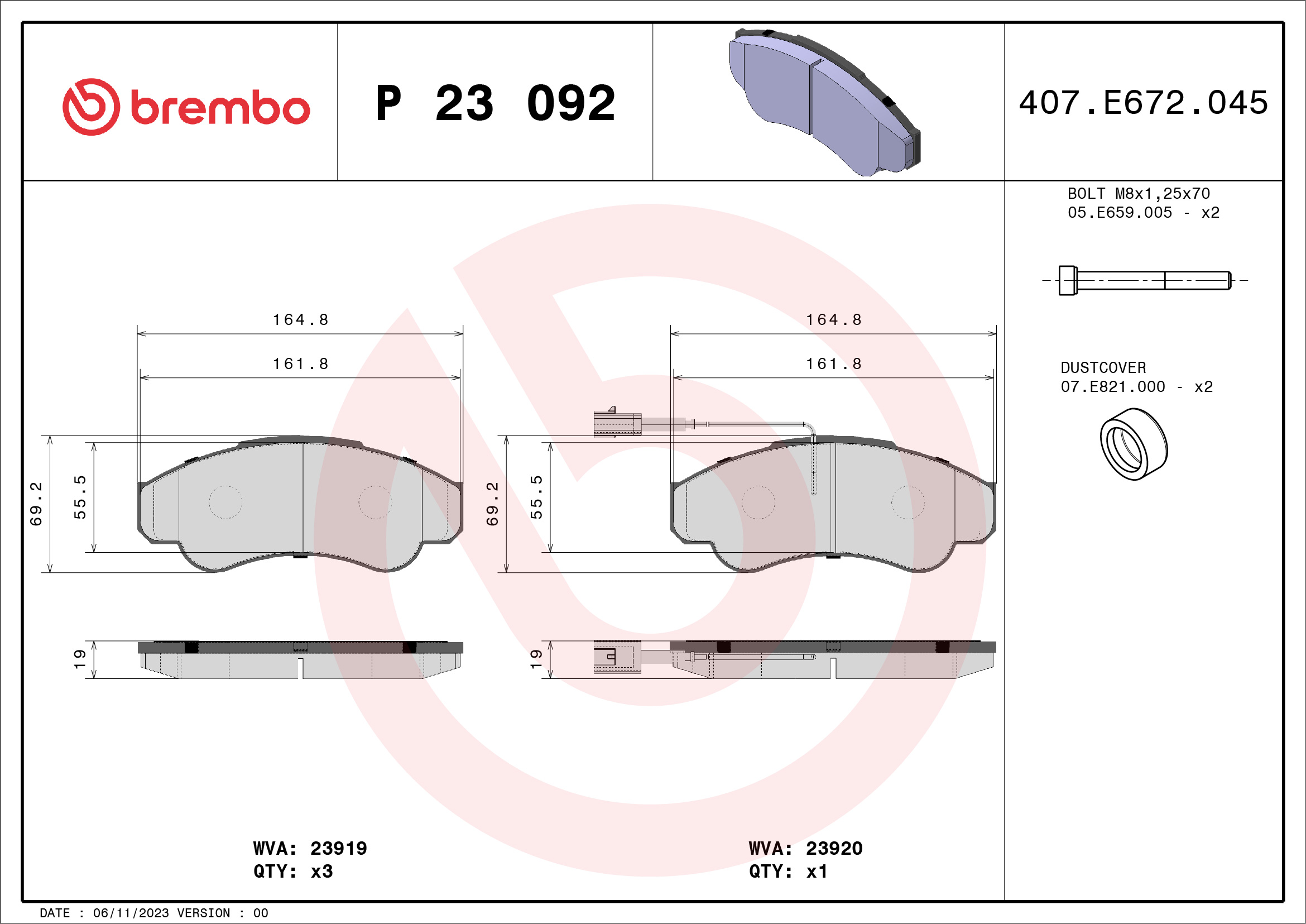 Slika BREMBO - P 23 092 - Komplet pločica, disk-kočnica (Kočioni uređaj)