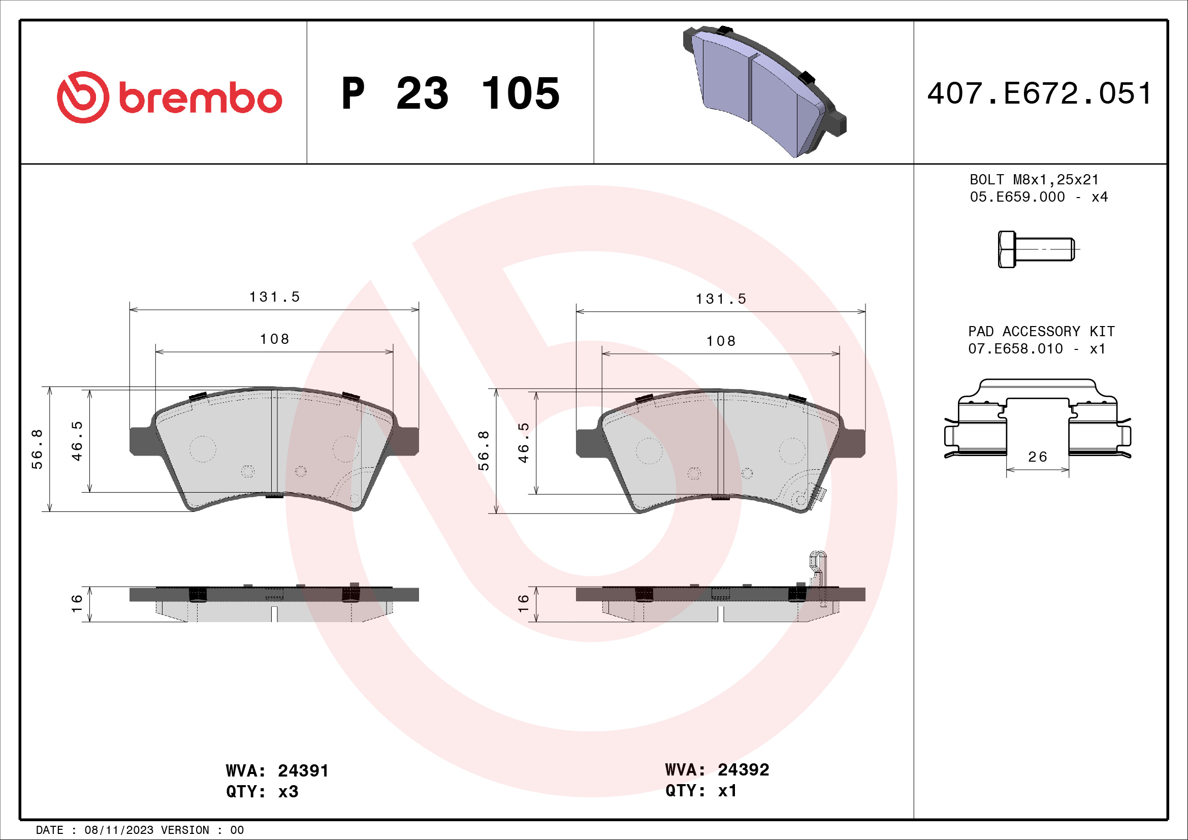 Slika BREMBO - P 23 105 - Komplet pločica, disk-kočnica (Kočioni uređaj)