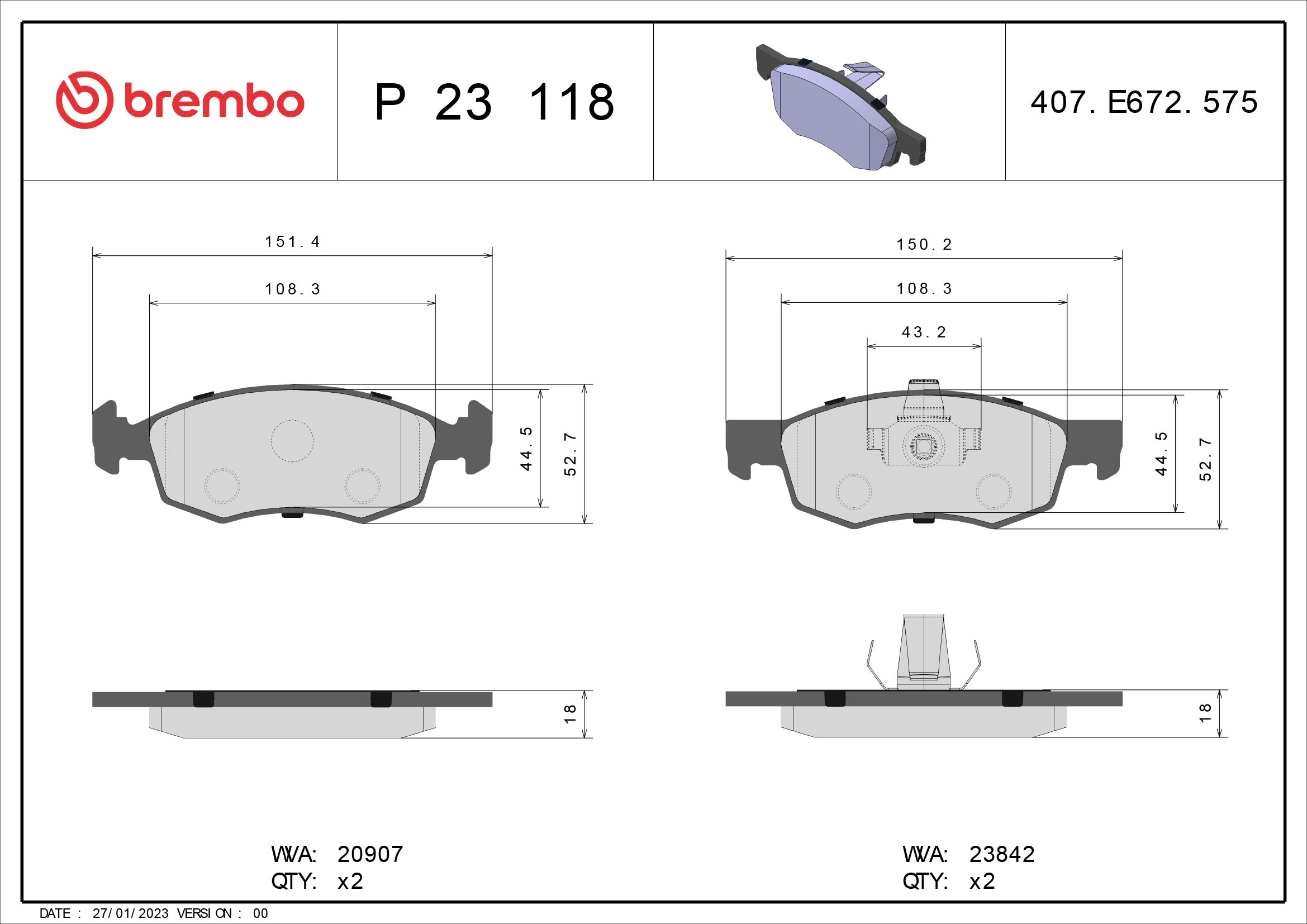 Slika BREMBO - P 23 118 - Komplet pločica, disk-kočnica (Kočioni uređaj)