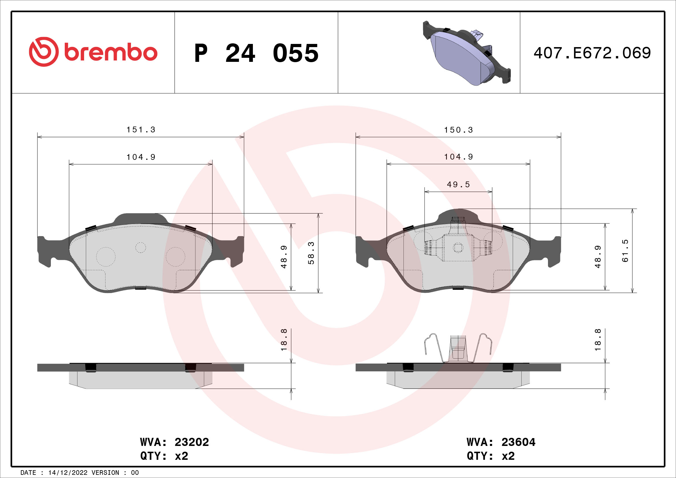 PREDNJE KOČIONE PLOČICE - BREMBO - P 24 055