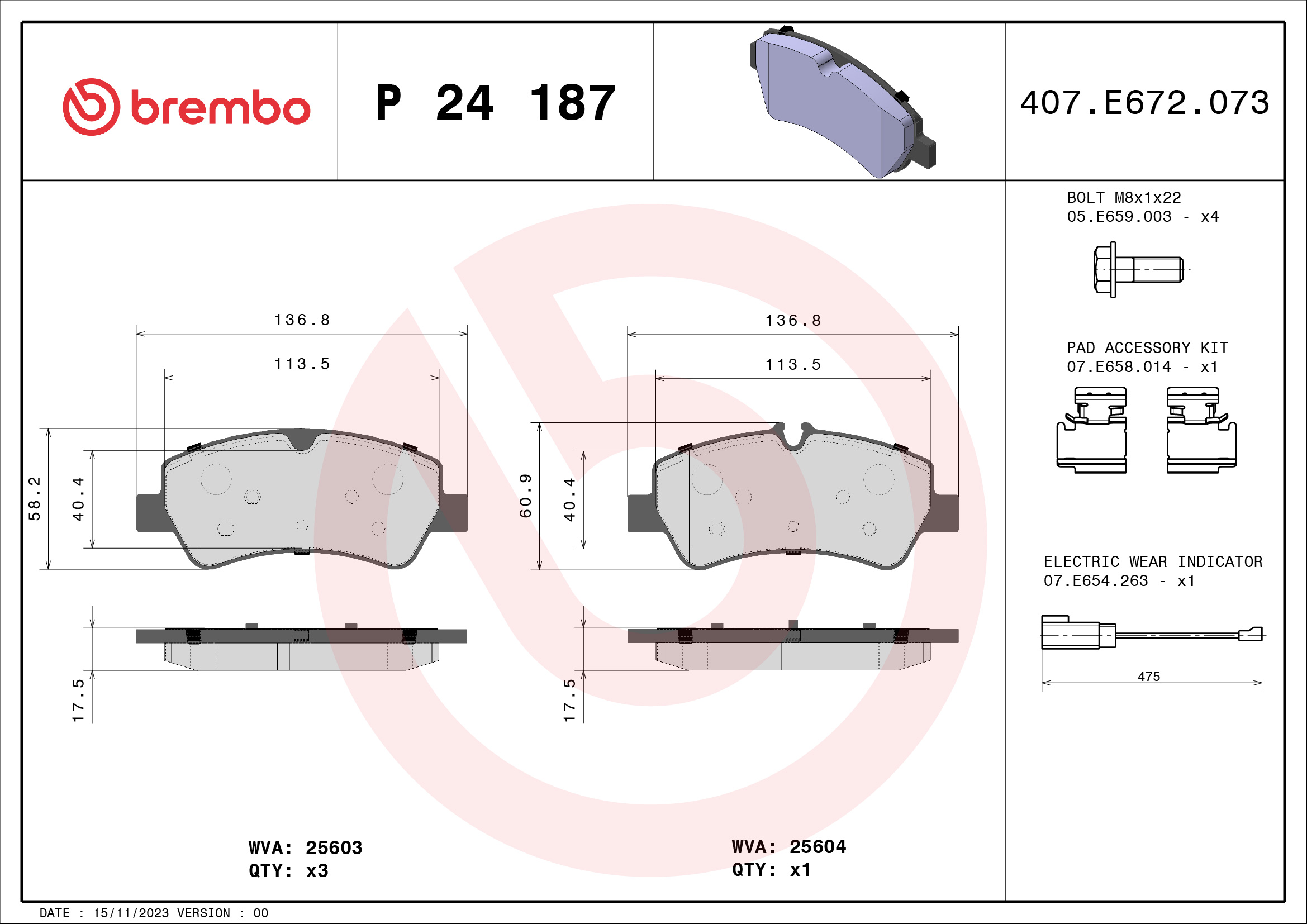 Slika BREMBO - P 24 187 - Komplet pločica, disk-kočnica (Kočioni uređaj)
