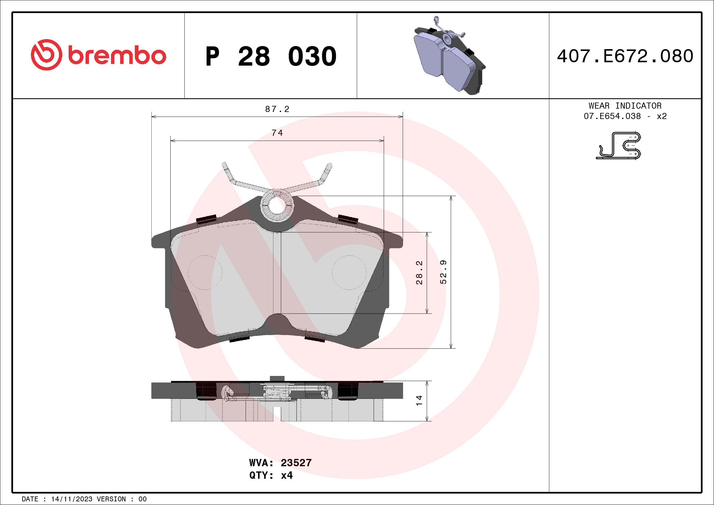 Slika BREMBO - P 28 030 - Komplet pločica, disk-kočnica (Kočioni uređaj)