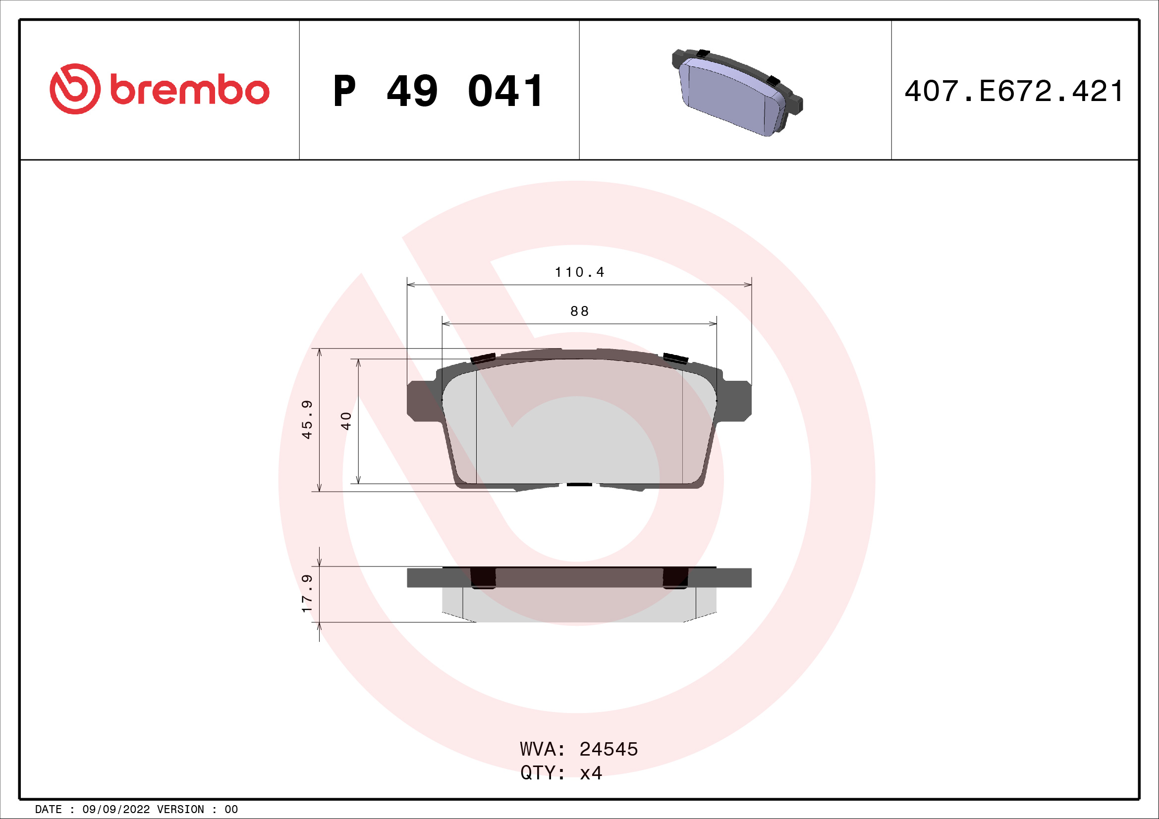 Slika BREMBO - P 49 041 - Komplet pločica, disk-kočnica (Kočioni uređaj)