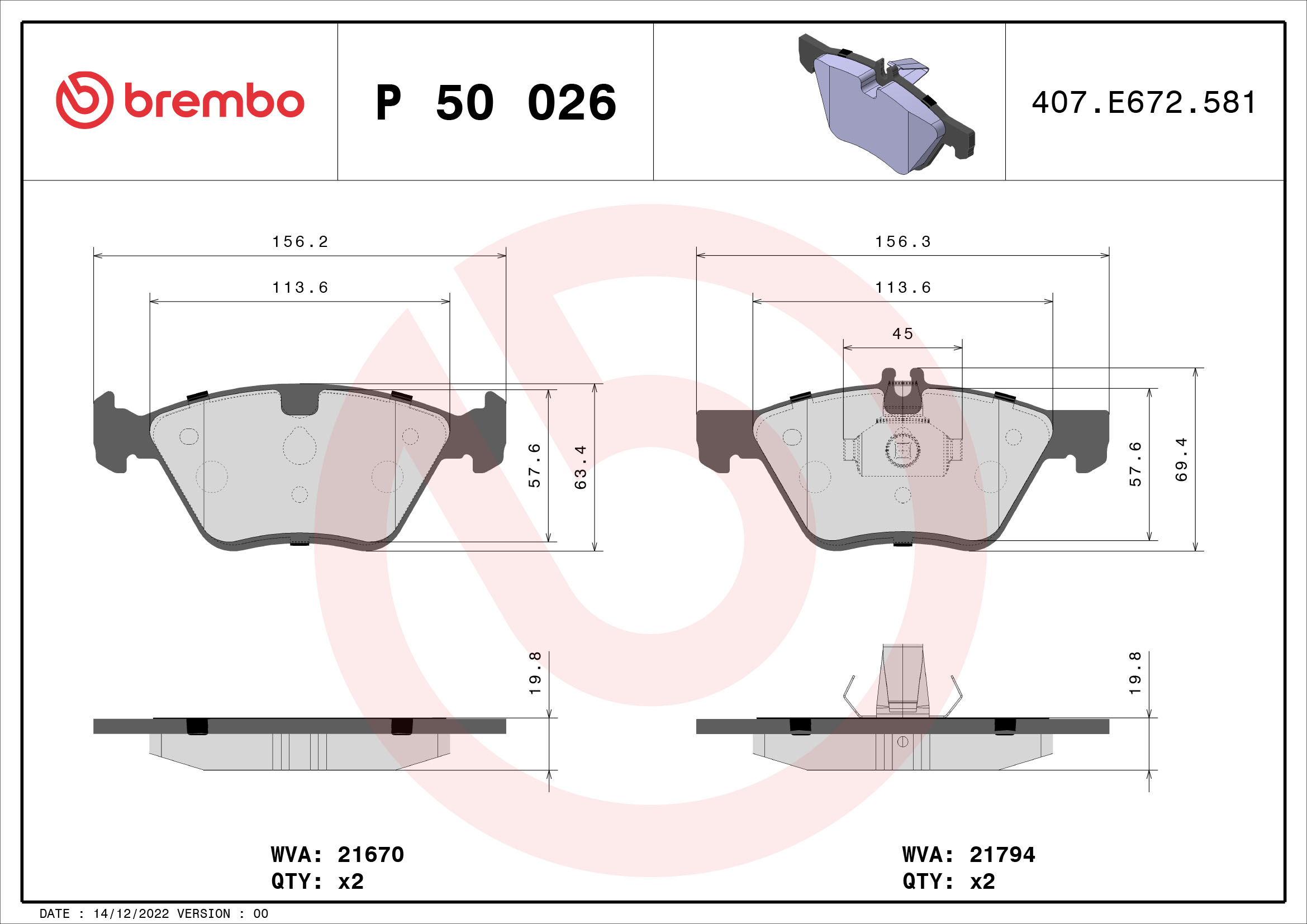 Slika BREMBO - P 50 026 - Komplet pločica, disk-kočnica (Kočioni uređaj)