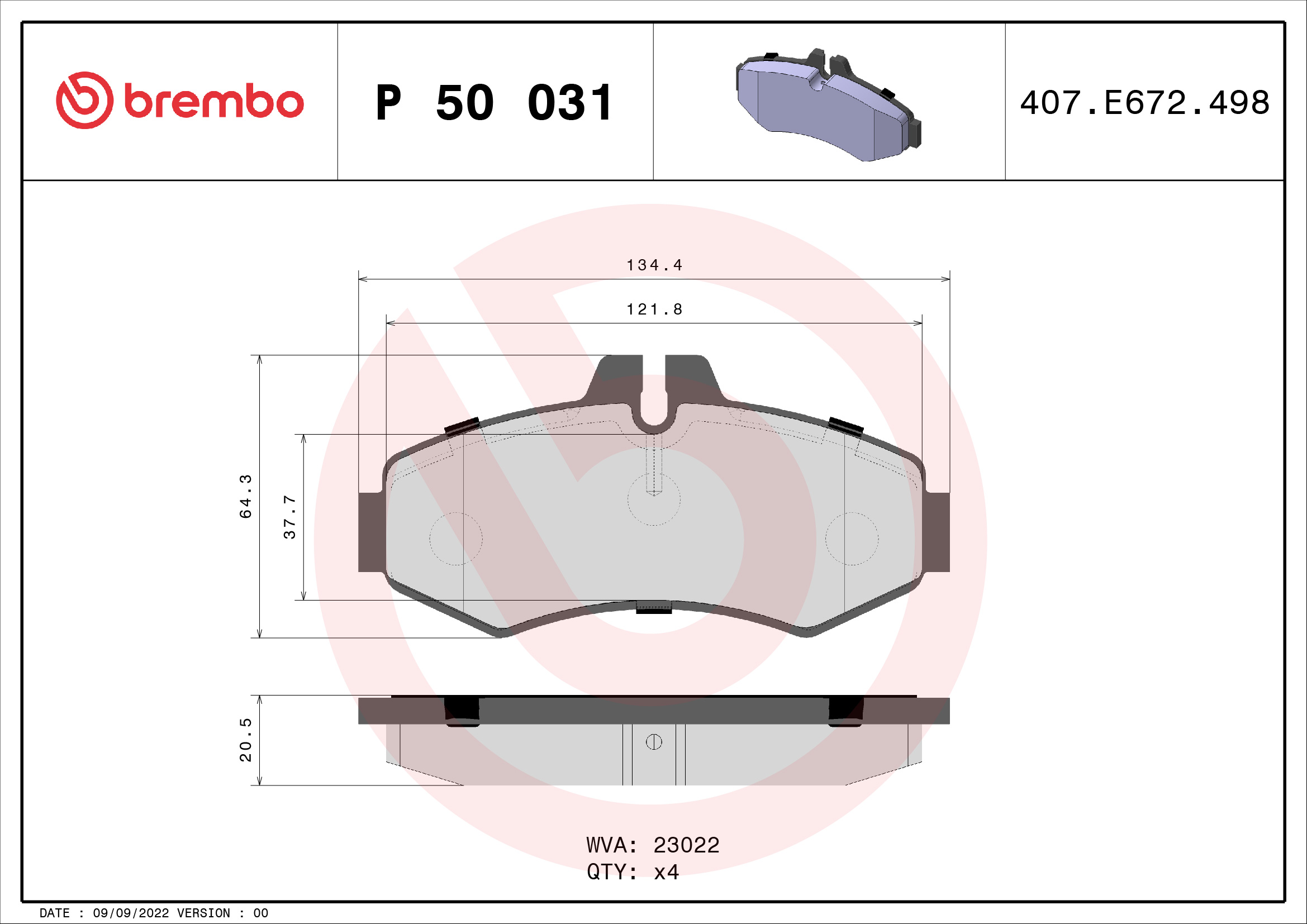 Slika BREMBO - P 50 031 - Komplet pločica, disk-kočnica (Kočioni uređaj)