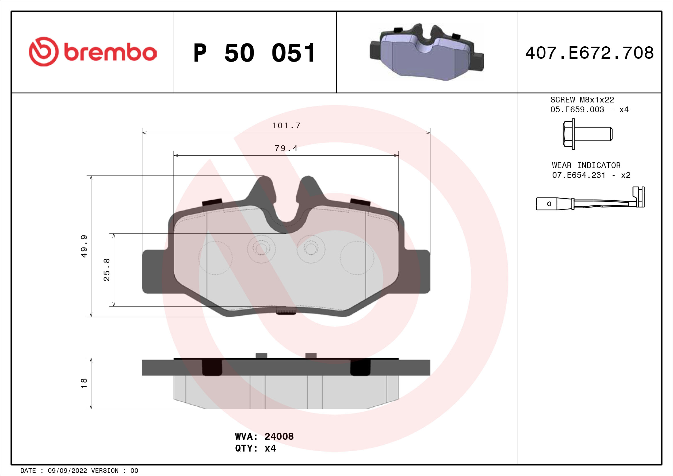 Slika BREMBO - P 50 051 - Komplet pločica, disk-kočnica (Kočioni uređaj)