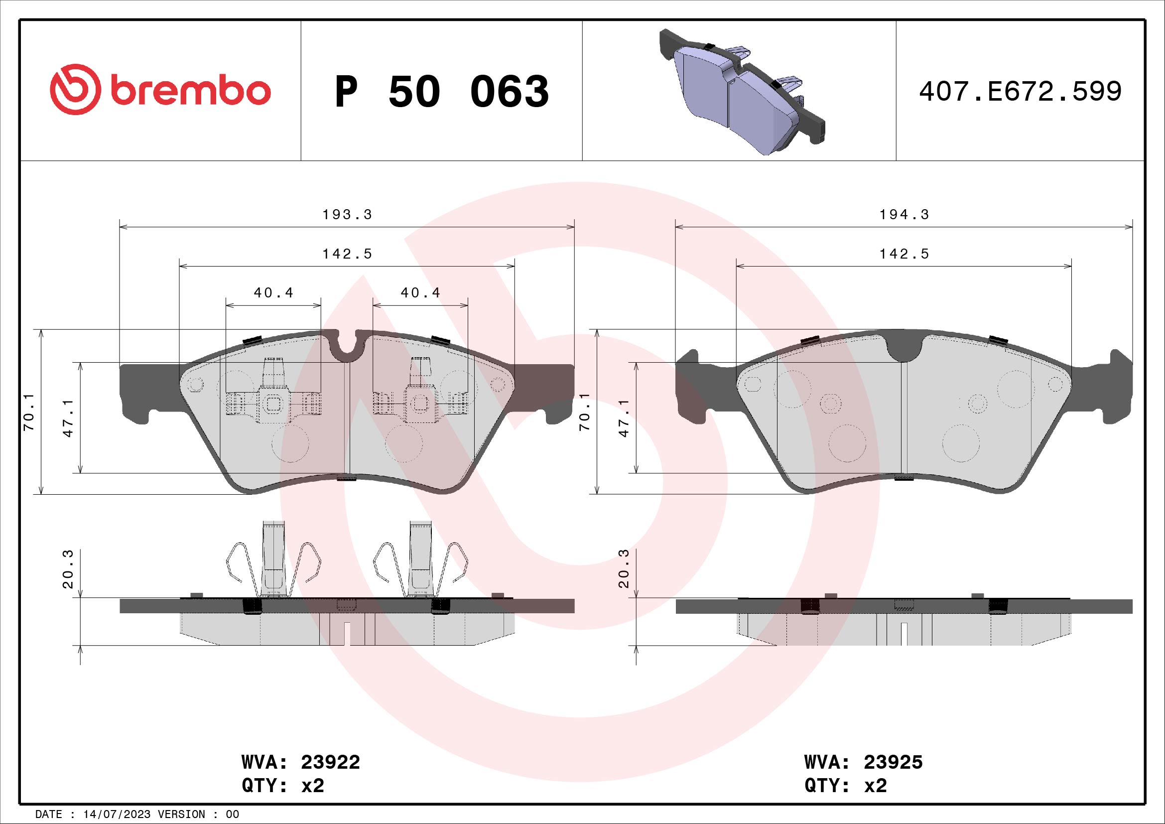 Slika BREMBO - P 50 063 - Komplet pločica, disk-kočnica (Kočioni uređaj)