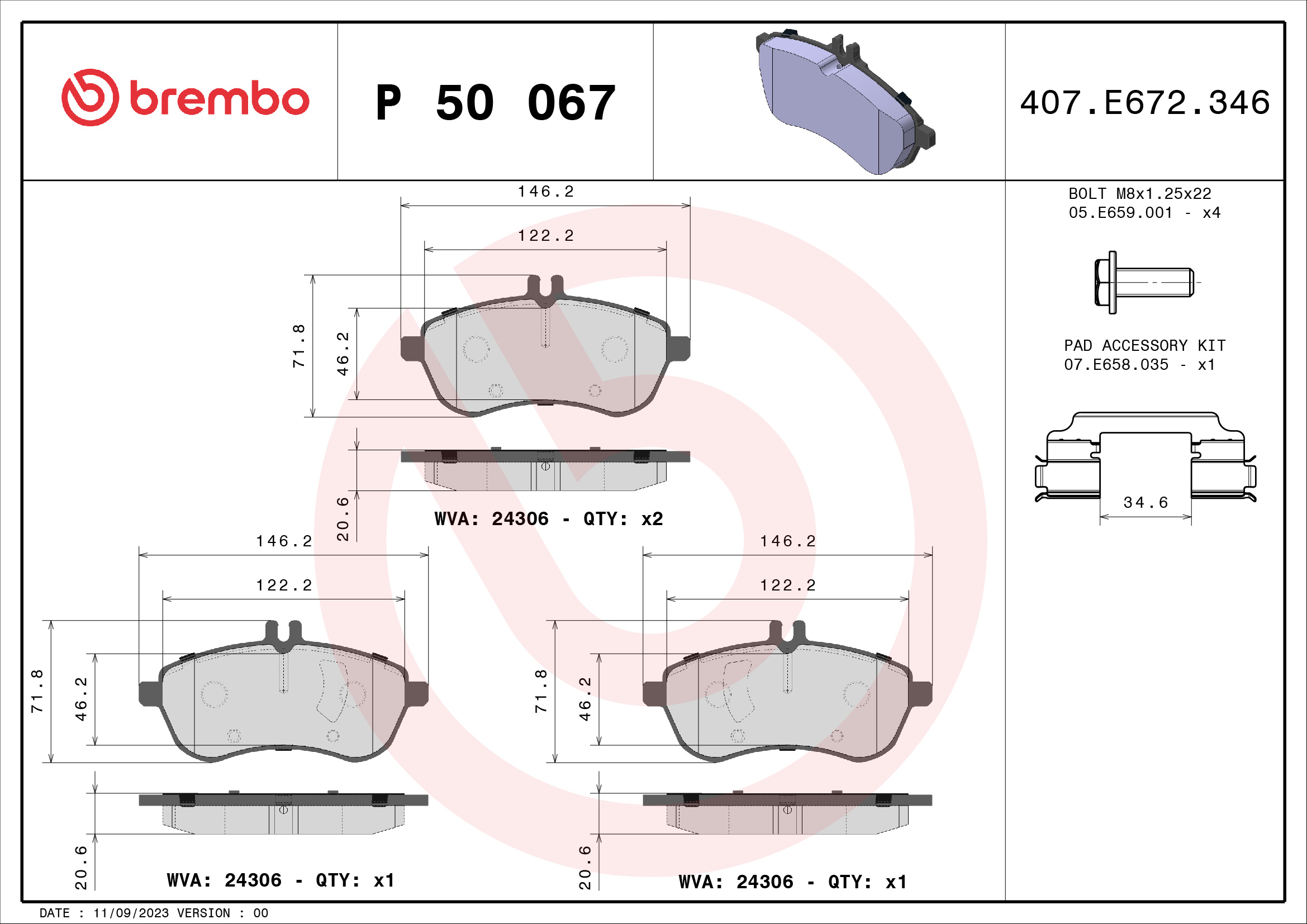 PREDNJE KOČIONE PLOČICE - BREMBO - P 50 067